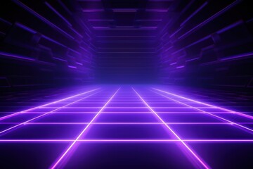 purple light grid on dark background central perspective, futuristic retro style with copy space for design text photo backdrop