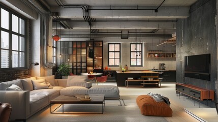 An urban chic studio apartment with exposed ductwork  AI generated illustration