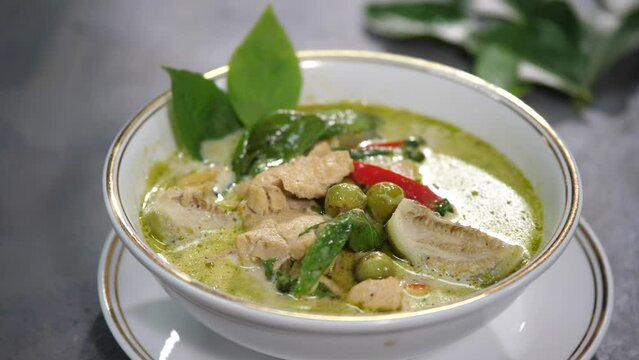 Thai food chicken green curry close up