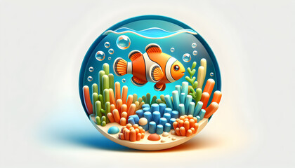 3d flat icon as Reef Resilience A clownfish among coral reefs highlighting the resilience of marine ecosystems. in Pet Behavior theme with isolated white background ,Full depth of field, high quality 