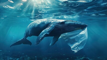 A blue whale sits on a pile of plastic bags. Plastic bags pollute the ocean. Concept of environmental conservation.