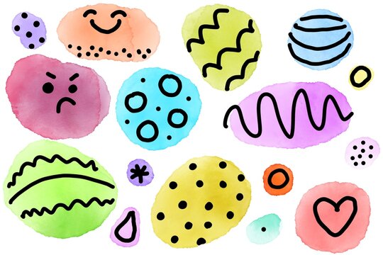 Funny cartoon wallpaper. Doodle drawing design. Multicolor bright round watercolor spots with different black ornament and dots. Abstract shapes on a white background. Simple naive children&rsquo;s art. 