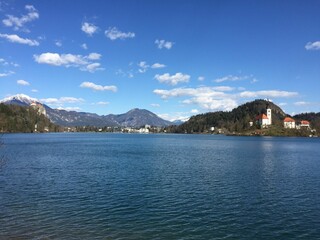 Fototapeta na wymiar View of Lake Bled with the church in the background. Slovenia.