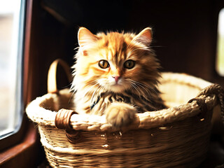 A cute Kitten sitting in a busket. Generative AI