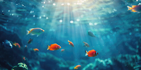 A group of beautiful fish swimming in the blue sea