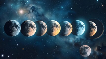 Celestial moon phases in a cosmic scene  AI generated illustration - obrazy, fototapety, plakaty