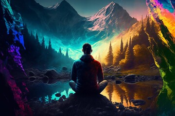 a man is sitting in the mountains with his back to the camera - obrazy, fototapety, plakaty