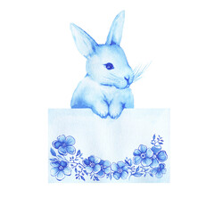 Cute blue bunny holding a sign with copy space for text, decorated with spring flowers. Hand drawn watercolor painting on white background