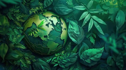 A paper cut of leaves that forms a green globe. paper art style environmental conservation wildlife conservation.