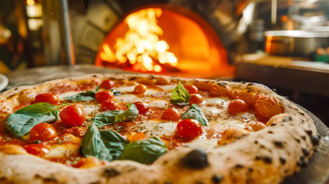 Artisan pizza in a traditional wood-fired oven