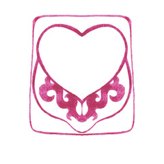 Label with copy space for text in the shape of a heart, decorated with a pink ornament in a retro style. Hand drawn watercolor painting on white background