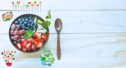 Healthy food on a white wooden background, Focus on getting at least five servings of these nutrient powerhouses every day. They contain essential vitamins, minerals, fiber, and antioxidants.