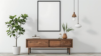 blank poster frame mockup on white wall living room with wooden sideboard with small green plant