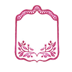 Label with copy space for text, decorated with pink flowers. Hand drawn watercolor painting on white background