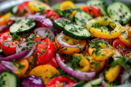 close up horizontal image of a fresh cut vegetables salad, with tomatoes, cucumber peppers and onions