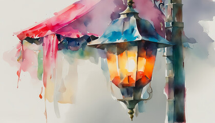 Colorful watercolor painting of a vintage lantern on a post with a melting, dreamlike quality, ideal for creative projects and festivals or holiday-themed designs - obrazy, fototapety, plakaty