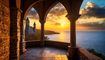 Beautiful sunset or sunrise over the sea, view from an ancient medieval stone porch of a church or a castle. Generative Ai.