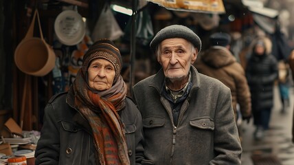 old couple street on the market, stock photography