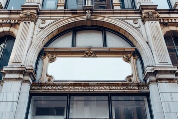 Obraz premium Elegant blank store sign on classic building facade with architectural details