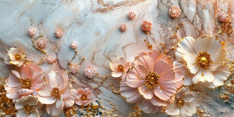 Soft colored marble mural featuring golden flowers  on a white background.