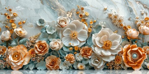 Soft colored marble mural featuring golden flowers  on a white background.