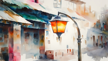 Vibrant watercolor painting of an illuminated street lamp in a quaint European town, conveying an atmosphere of warmth and nostalgia, perfect for art and travel themes - obrazy, fototapety, plakaty