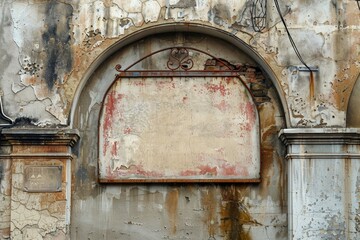 Weathered arch framed blank store sign on vintage building facade