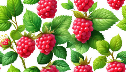 Seamless pattern of ripe red raspberries with lush green leaves, ideal for summer harvest festivals or healthy eating concepts - obrazy, fototapety, plakaty