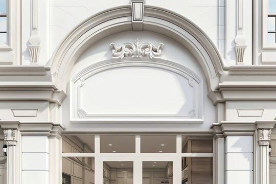 Elegant blank store sign on a classic arched storefront facade