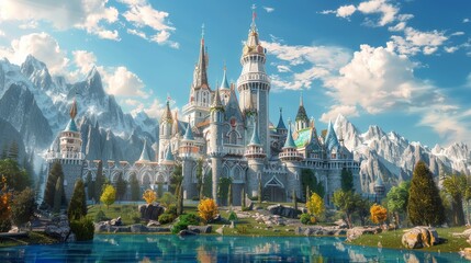 Enchanted fairytale castle in a magical kingdom  AI generated illustration - obrazy, fototapety, plakaty