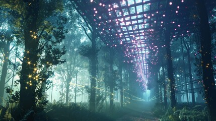 Enchanted forest in a geometric grid  AI generated illustration