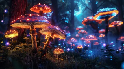 Enchanted forest with glowing mushrooms  AI generated illustration