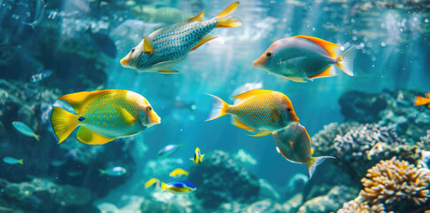 Fototapeta na wymiar A group of beautiful fish swimming in the blue sea
