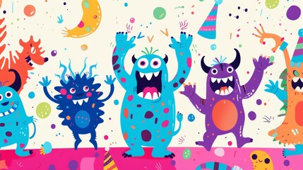 Naklejka premium Friendly monsters having a dance party AI generated illustration