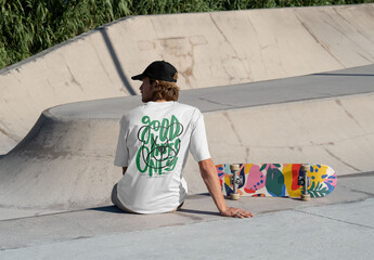 Mockup of skater wearing customizable t-shirt with skateboard