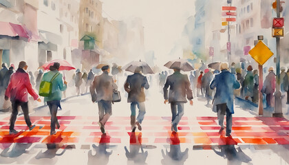 Watercolor illustration of diverse pedestrians with umbrellas on a bustling city crosswalk, conveying urban life and commuting, relevant for concepts like Rainy Day and City Life