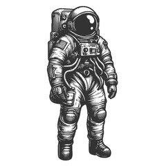 Fototapeta na wymiar astronaut in a space suit with a visor helmet sketch engraving generative ai fictional character raster illustration. Scratch board imitation. Black and white image.
