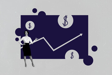 Composite trend artwork sketch image 3D photo collage of young businesswoman show hand graphics result growth statistics success project