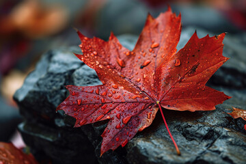Wet red maple leaf on a stone. Generated by artificial intelligence