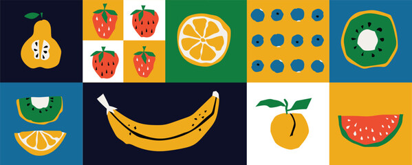 Organic food banner in flat style. Fruits and cereals geometry minimalistic with simple shape and figure. Great for flyer, web poster, natural products presentation templates, cover design. Vector .