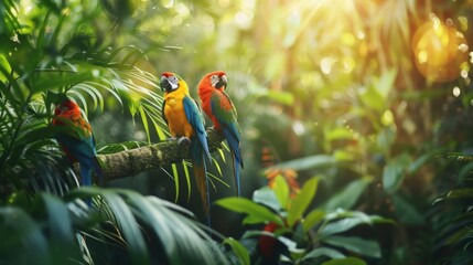 Lush tropical jungle with colorful birds  AI generated illustration