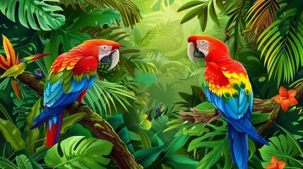 Obraz premium Lush tropical jungle with colorful birds AI generated illustration