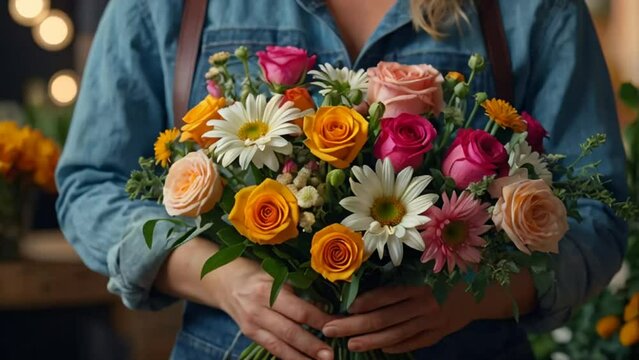 florist hands holding a beautiful bouquet