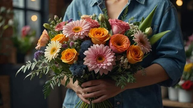 florist hands holding a beautiful bouquet