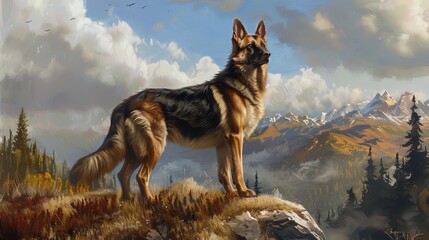 A majestic German Shepherd standing proudly on a hilltop, surveying the landscape with alertness and loyalty.