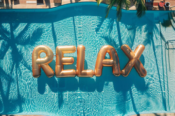 Relax word spelled out in inflatable pool floats in a summer holiday swimming pool - obrazy, fototapety, plakaty