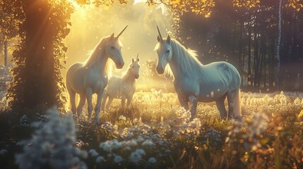 Magical unicorns in a dreamy setting  AI generated illustration - obrazy, fototapety, plakaty