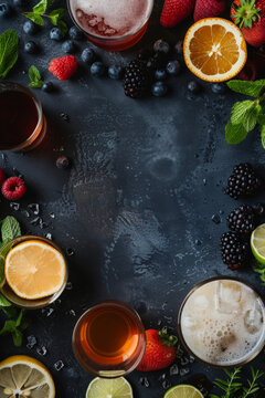 A collection of fresh beverages around the frame