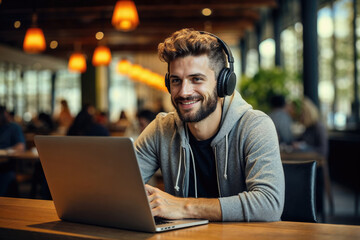 Fototapeta premium Happy Man Using Laptop in a Cafe with Headphones