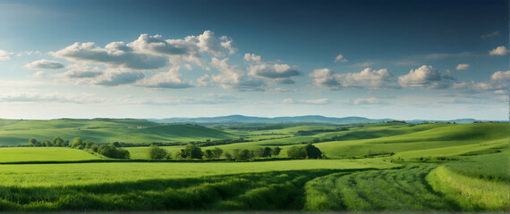 Photo real as Verdant Vistas A farming landscape where green fields stretch to the horizon. in nature and landscapes theme ,for advertisement and banner ,Full depth of field, high quality ,include cop - obrazy, fototapety, plakaty